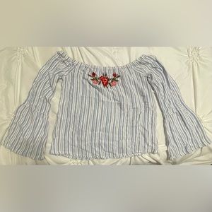 Blue and white striped off shoulder top
